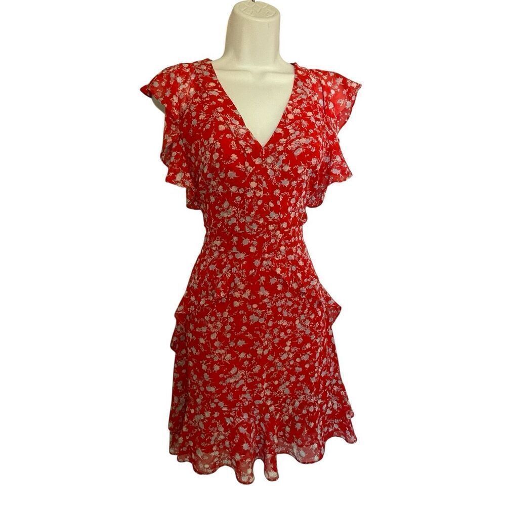 Bar III Red Blue Ruffle Floral Mini Summer Dress Women’s Size 2